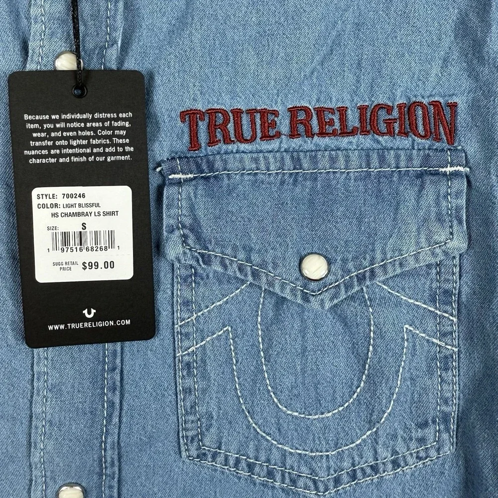 NWT True Religion Men's Small Pearl Snap Chambray Long Sleeve Button Up Shirt